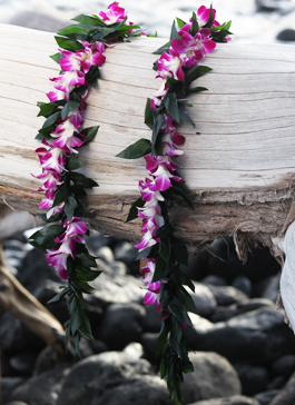 pink maile style ti leaf lei with orchid wrap